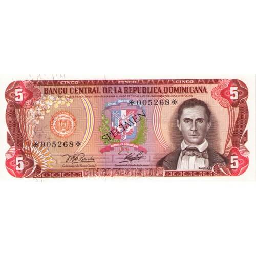 1978 - República Dominicana P118cs4 billete 5 Pesos Oro Specimen