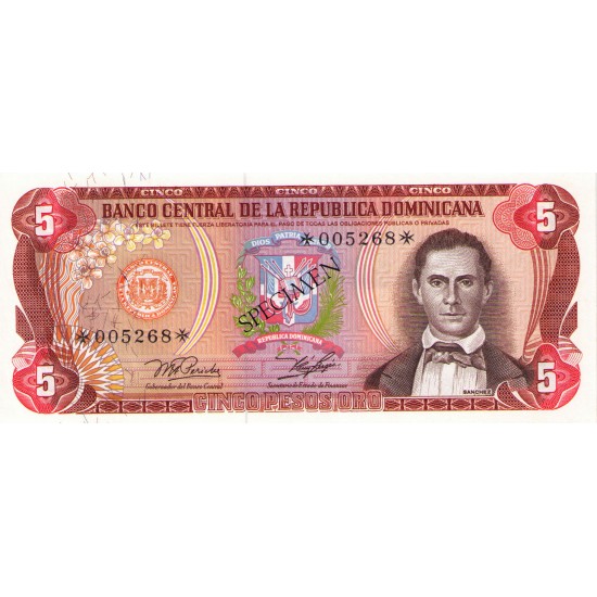 1978 - Dominican Republic P118cs4 5 Pesos Oro Specimen banknote 1978 - Dominican Republic P118cs4 5 Pesos Oro Specimen banknote