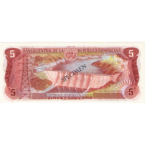 1978 - Dominican Republic P118cs4 5 Pesos Oro Specimen banknote 1978 - Dominican Republic P118cs4 5 Pesos Oro Specimen banknote