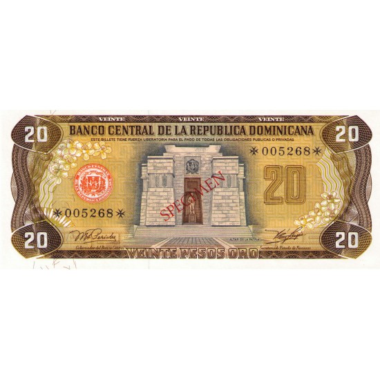 1978 - Dominican Republic P120cs4 20 Pesos Oro Specimen banknote 1978 - Dominican Republic P120cs4 20 Pesos Oro Specimen banknote