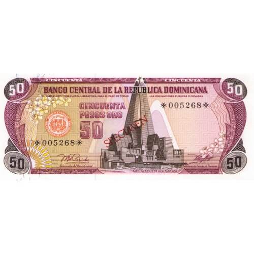 1978 - República Dominicana P121cs4 billete 50 Pesos Oro Specimen