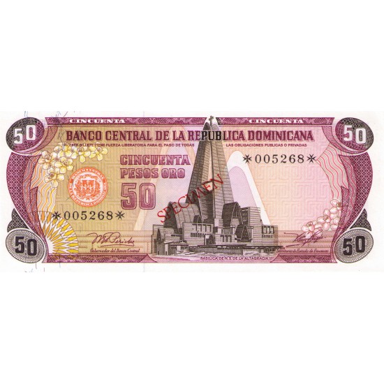 1978 - Dominican Republic P121cs4 50 Pesos Oro Specimen banknote 1978 - Dominican Republic P121cs4 50 Pesos Oro Specimen banknote