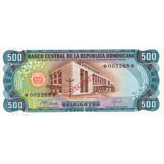 1978 - Dominican Republic P123s1 500 Pesos Oro Specimen banknote 1978 - Dominican Republic P123s1 500 Pesos Oro Specimen banknote