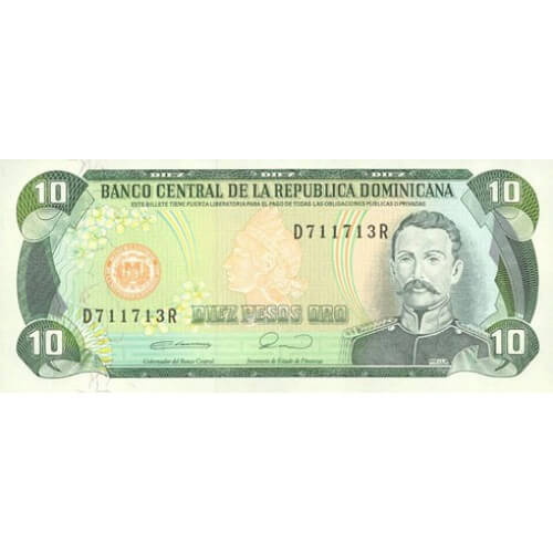 1990 - República Dominicana P132 billete 10 Pesos Oro