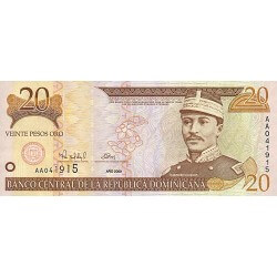 2000 - República Dominicana P160a billete 20 Pesos Oro 2000 - República Dominicana P160a billete 20 Pesos Oro
