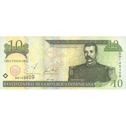 2001 - República Dominicana P165b billete 10 Pesos Oro