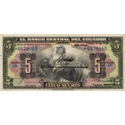 1938 - Ecuador PIC 84b 5 Sucres banknote UNC