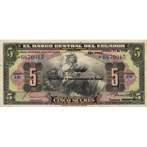 1938 - Ecuador P84b 5 Sucres banknote