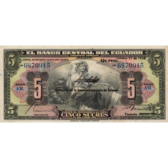 1938 - Ecuador P84b 5 Sucres banknote 1938 - Ecuador P84b 5 Sucres banknote