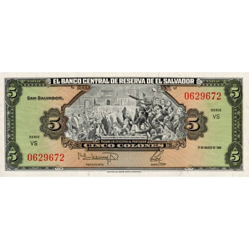 1988 - El Salvador P134b 5 Colones banknote UNC