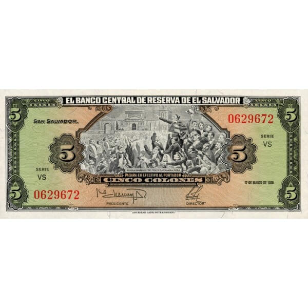 1988 - El Salvador P134b 5 Colones banknote