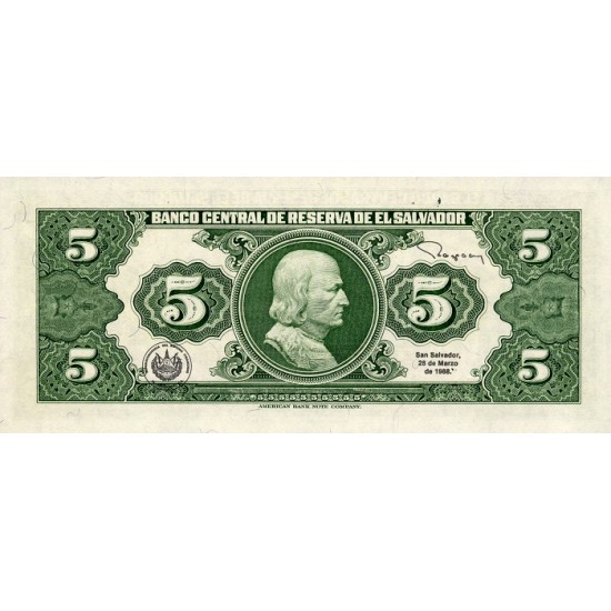 1988 - El Salvador P134b 5 Colones banknote 1988 - El Salvador P134b 5 Colones banknote