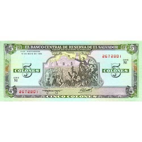 1990 - El Salvador P138a 5 Colones banknote UNC
