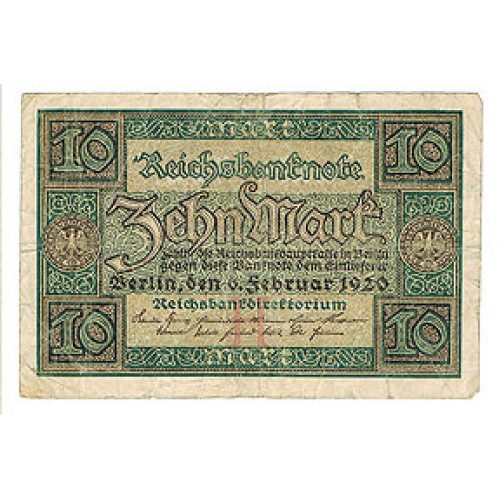 1920 -  Germany PIC 67a         10 Marks banknote