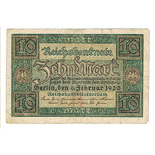 1920 - Germany PIC 67a 10 Marks UNC banknote