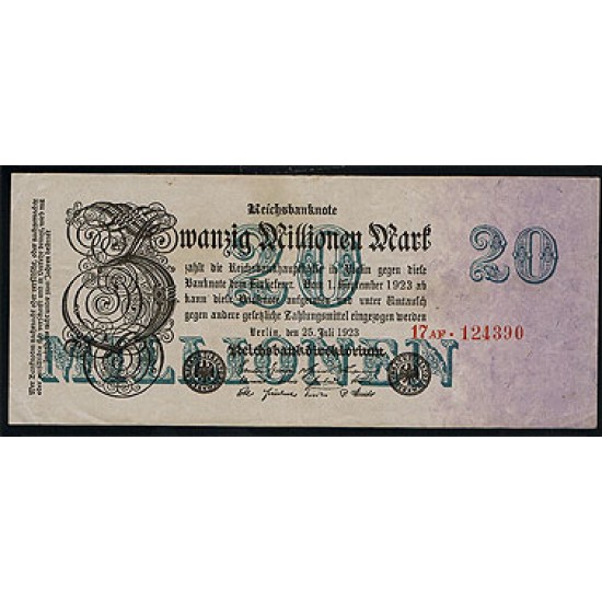 1923 - Germany PIC 97 b 20 Millons Marks XF banknote 1923 - Germany PIC 97 b 20 Millons Marks XF banknote