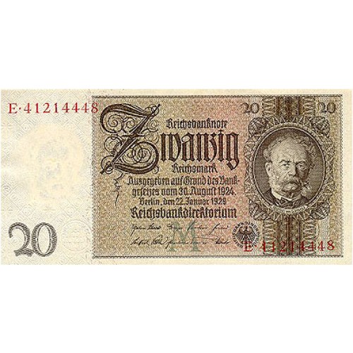 1929 -  Germany PIC 181b 20 Reichsmarks UNC banknote
