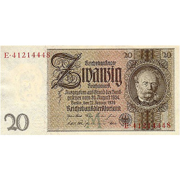 1929 -  Germany PIC 181b        20 Reichsmarks banknote