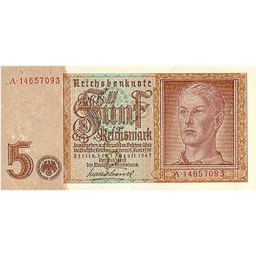 1942 - Germany PIC 186b 5 Reichsmarks UNC banknote