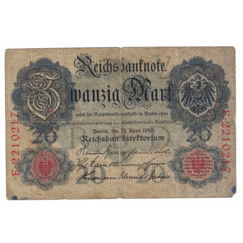 1910 - Alemania PIC 40b billete de 20 Marcos BC