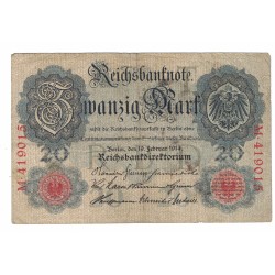 1914 - Germany Pic 46a 20 Marks F banknote