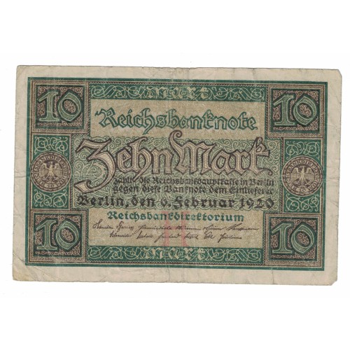1920 - Alemania PIC 67a billete de 10 Marcos MBC