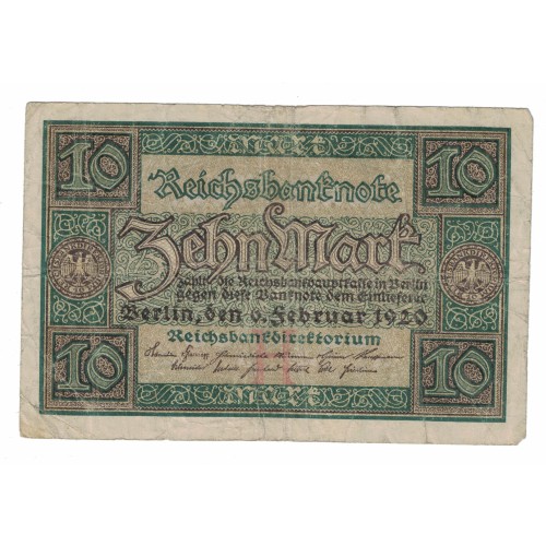 1920 - Germany PIC 67a 10 Marks VF banknote