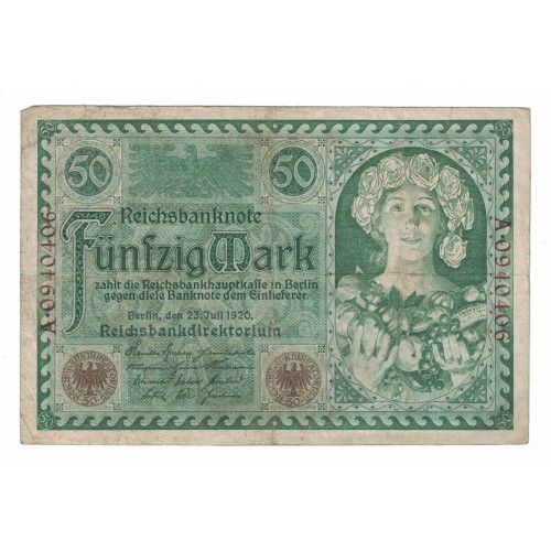 1920 - Germany PIC 68 50 Marks VF banknote