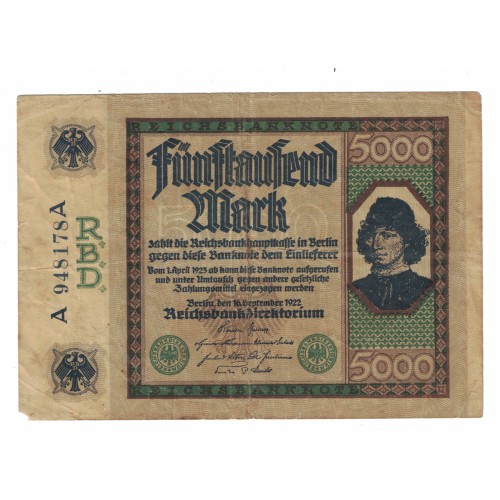 1922 - Germany PIC 77 5.000 Marks F banknote