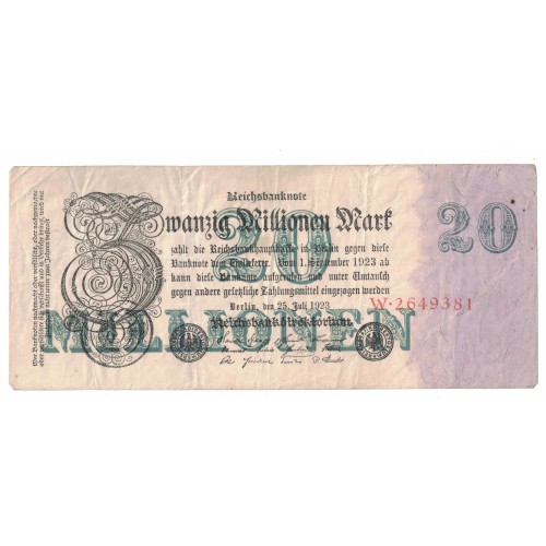 1923 - Germany PIC 97a 20 Millons Marks F banknote