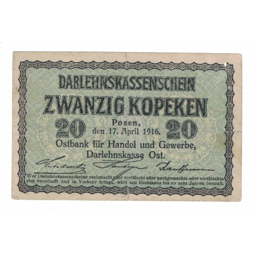 1916 - Germany PIC R120 20 Kopeken VF banknote