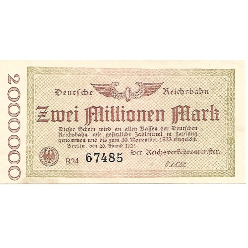 1923 -  Alemania PIC Specimen 1012b billete 2 Millones de Marcos S/C