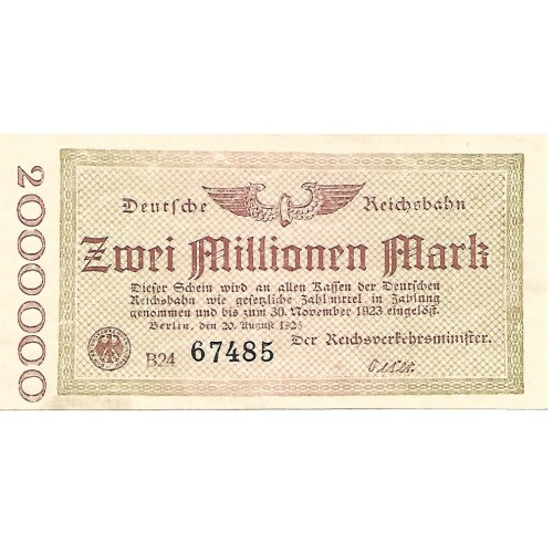 1923 -  Germany PIC Specimen 1012b two millions of marks UNC