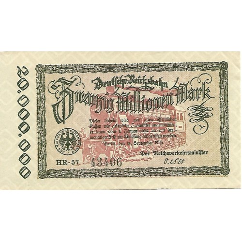 1923 -  Germany PIC Specimen 1015 20 Millions of Marks UNC