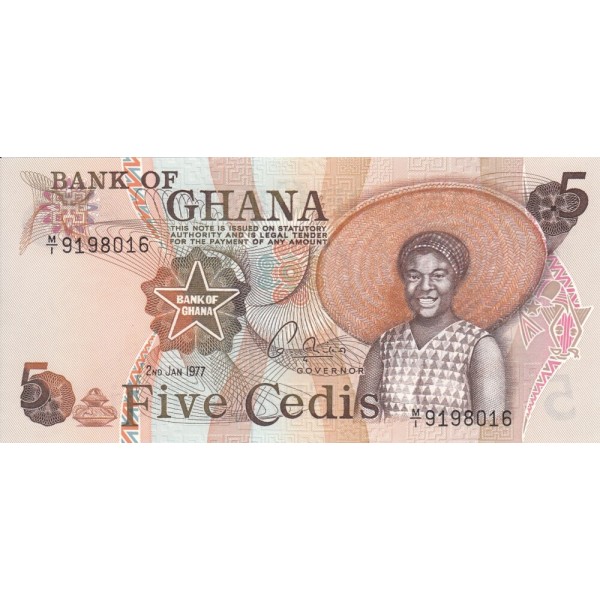 1977- Ghana Pic 15b 5 Cedis  banknote  1/1977