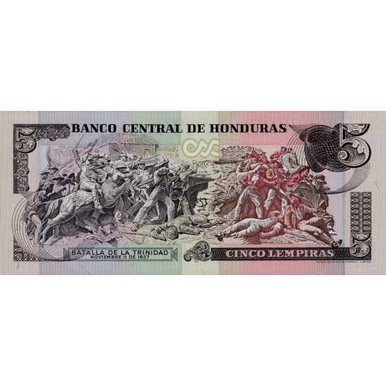 1985 - Honduras P63b 5 Lenpiras banknote 1985 - Honduras P63b 5 Lenpiras banknote