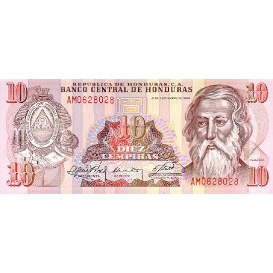 1989 - Honduras P70 10 Lempiras banknote 1989 - Honduras P70 10 Lempiras banknote