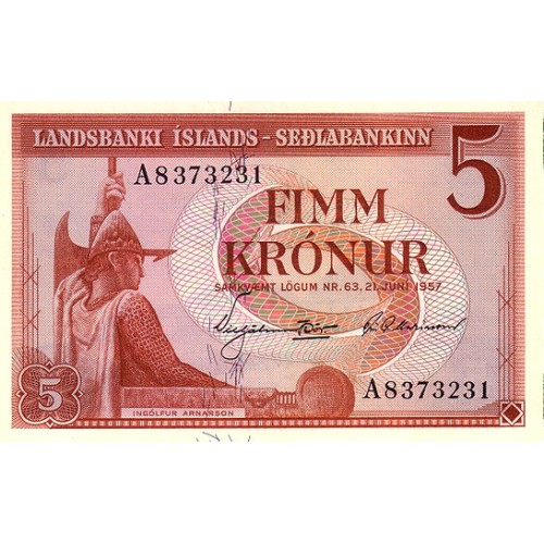 1957- Iceland PIC 37b  5 Kronus banknote