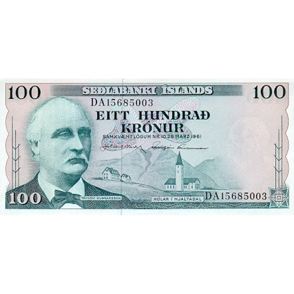1961/64 - Iceland PIC 44a  100 Kronus banknote