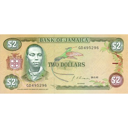 1993 - Jamaica  Pic 69e     2 Dollars banknote