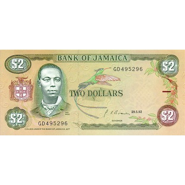 1992 - Jamaica  Pic 69d     2 Dollars banknote