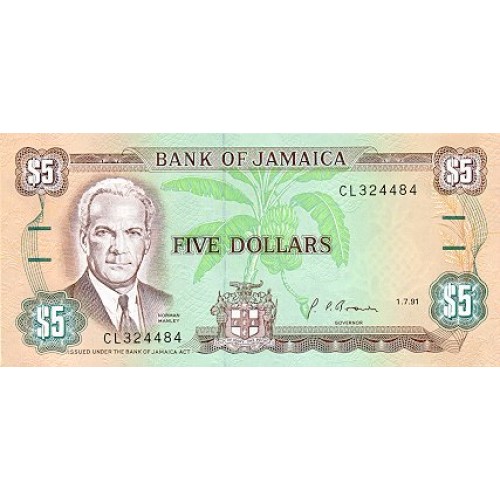 1992 - Jamaica PIC 70d billete de 5 Dolares F10 S/C