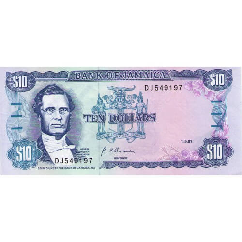 1991 - Jamaica P71d billete de 10 Dólares