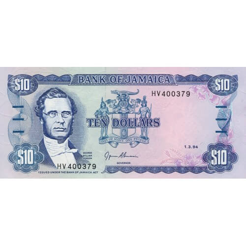 1994 - Jamaica PIC 71e billete de 10 Dolares F12 S/C