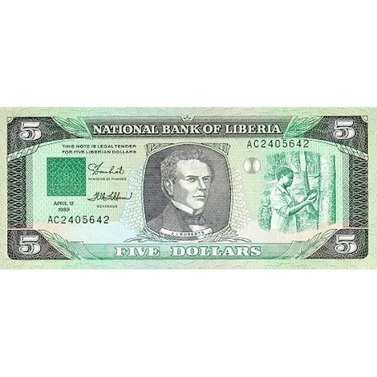 1989 - Liberia Pic 19 5 Dollars banknote 1989 - Liberia Pic 19 5 Dollars banknote