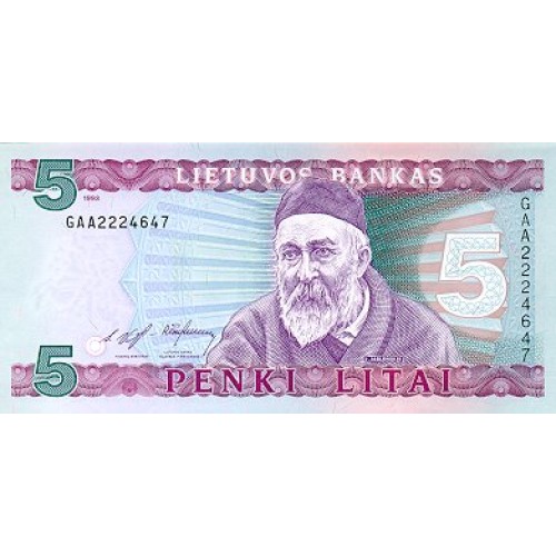 1993 - Lituania PIC 55a billete de 5 Litai
