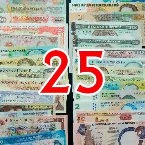Batch of 25 different world banknotes