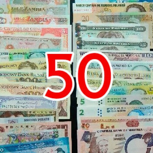 Batch of 50 different world banknotes