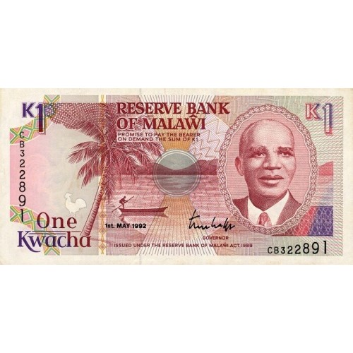 1992 - Malawi PIC 23 b     1 Kwacha banknote