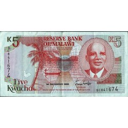 1990 - Malawi pic 24a  billete de 5 Kwacha